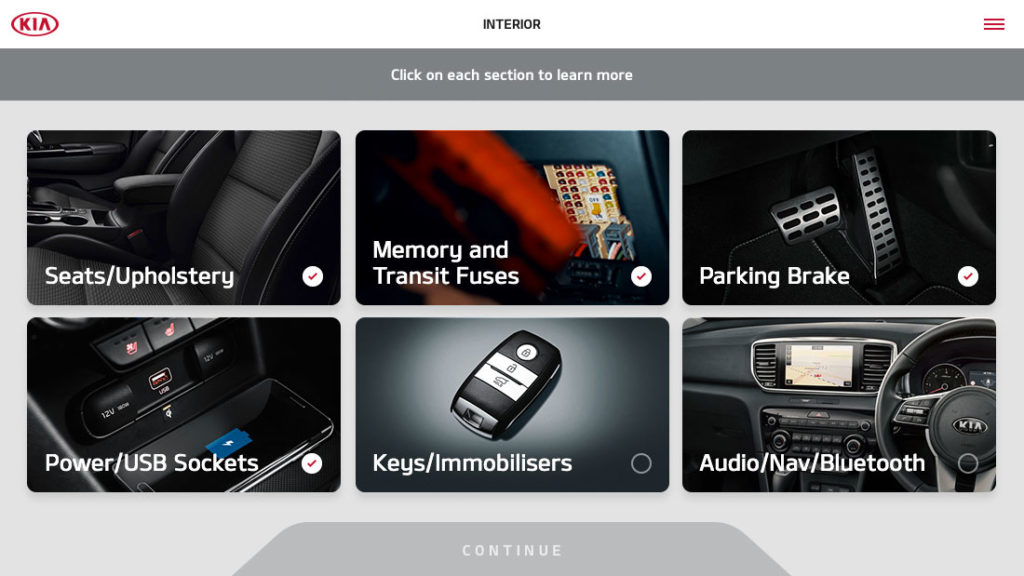 Kia eLearning menu showing 6 learning modules related to different parts of the car