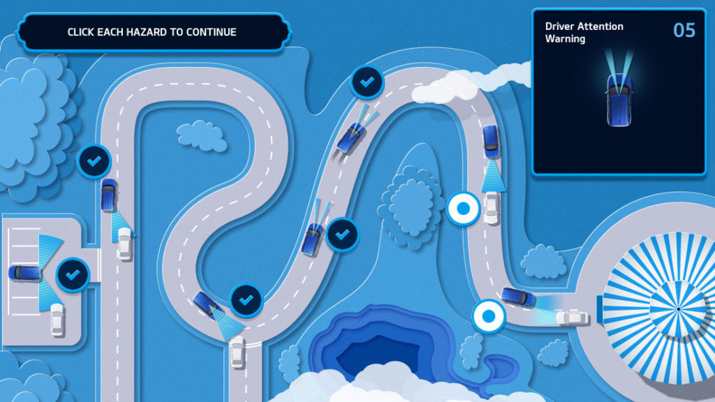 eLearning content showing an animated picture of a road seen from above with hazards identified along the route