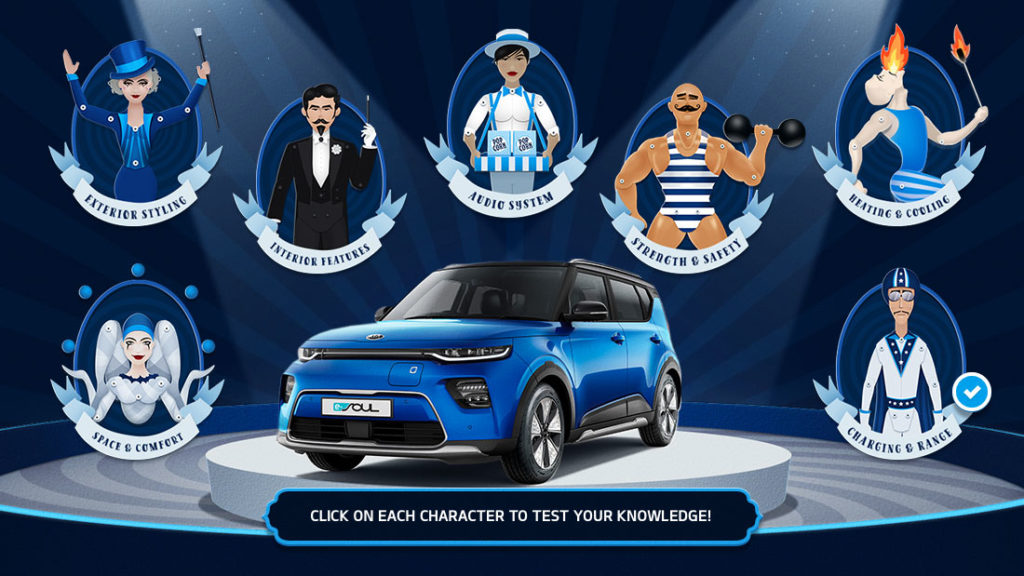 eLearning content showing the Kia Soul EV on a platform surrounded by circus character icons