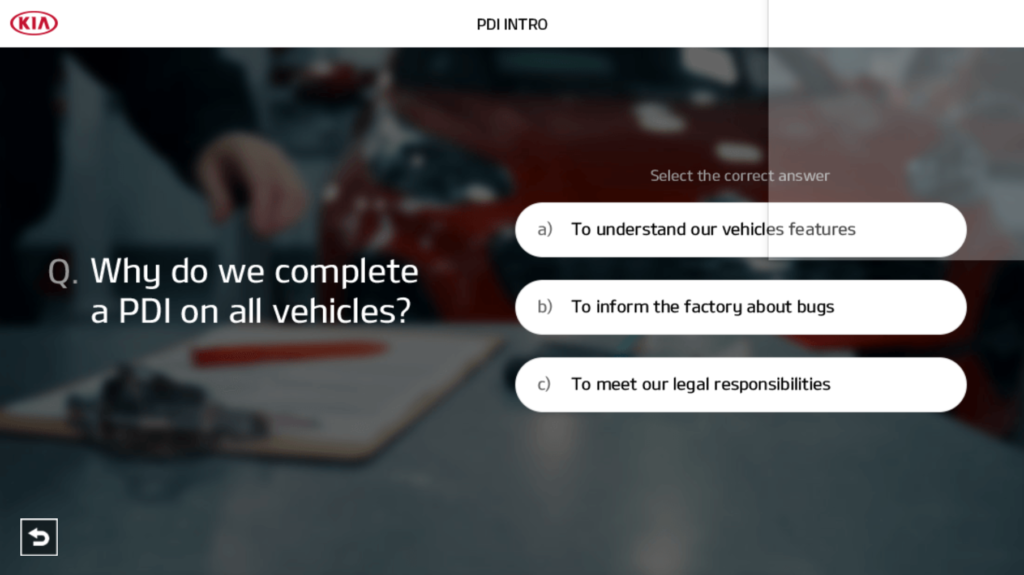 Screenshot of a knowledge check within the Kia eLearning content