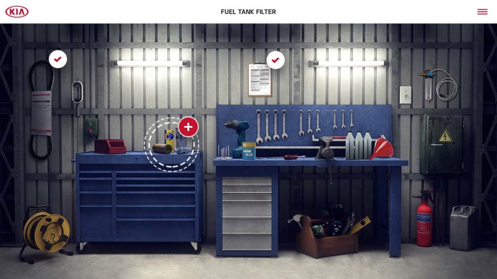 Animation of the interior of a car garage with clickable elements shown by white plus signs in a red circle