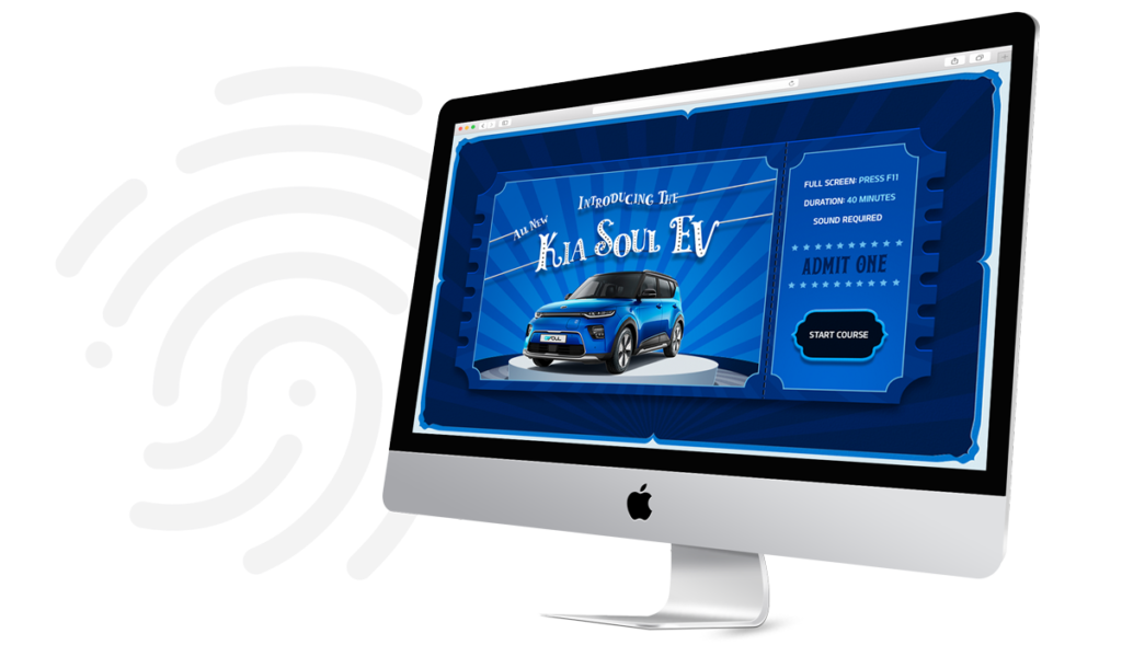 iMac screen showing content for the Kia Soul EV learning experience